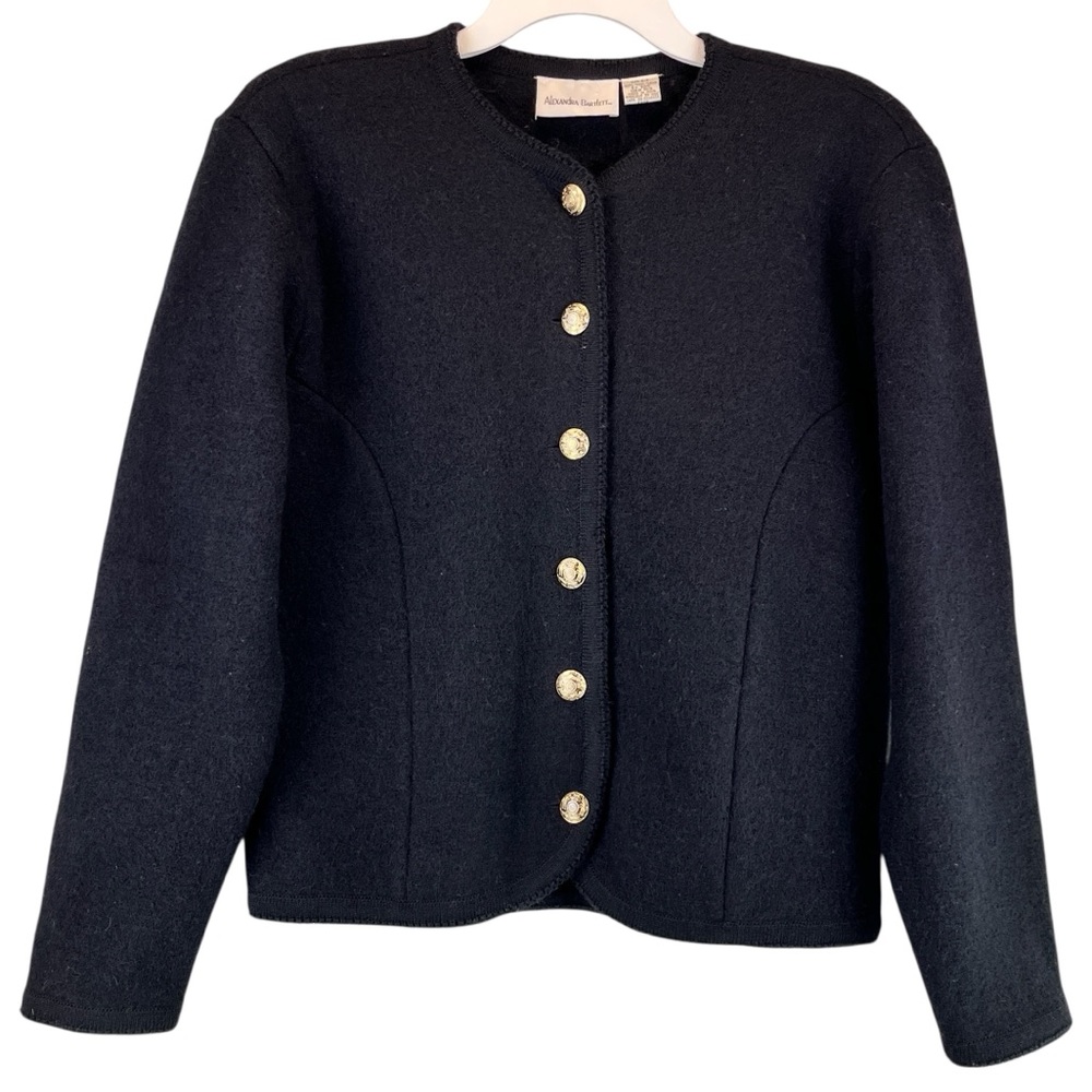 Vintage Alexandra Bartlett Boiled Wool Button Down Cardigan Sweater Black Sz S/M